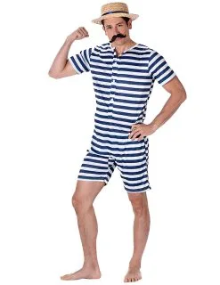 Blauw En Wit Gestreept Retro Zwem Outfit Voor Mannen