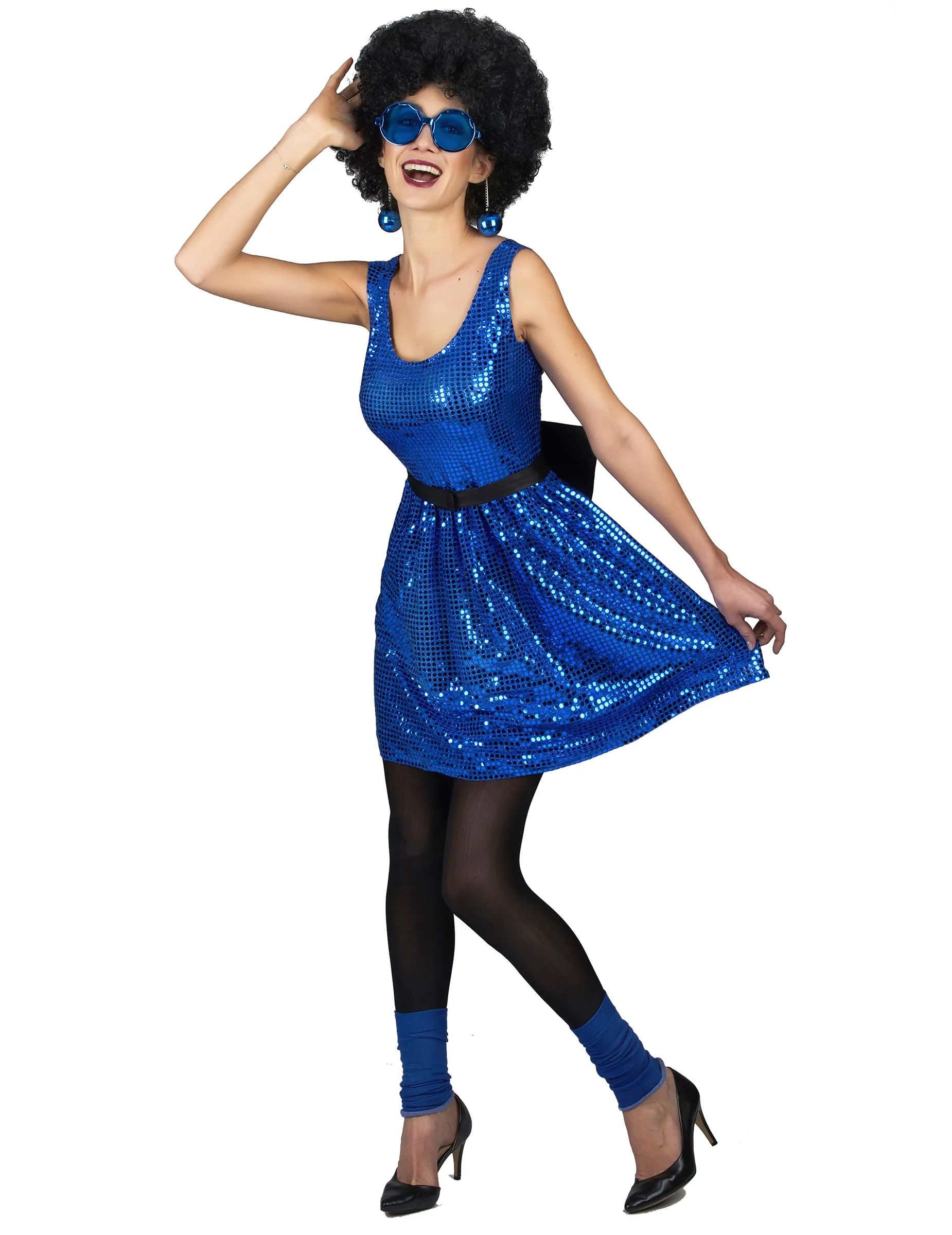 Blauw Glitter Disco Kostuum Met Strik Voor Vrouwen 3 Blauw Glitter Disco Kostuum Met Strik Voor Vrouwen