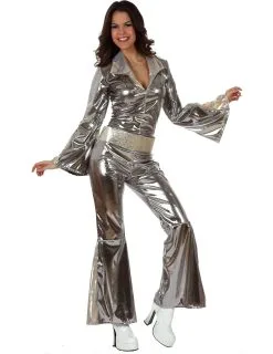 Glinsterend Zilverkleurige Disco Outfit Voor Vrouwen