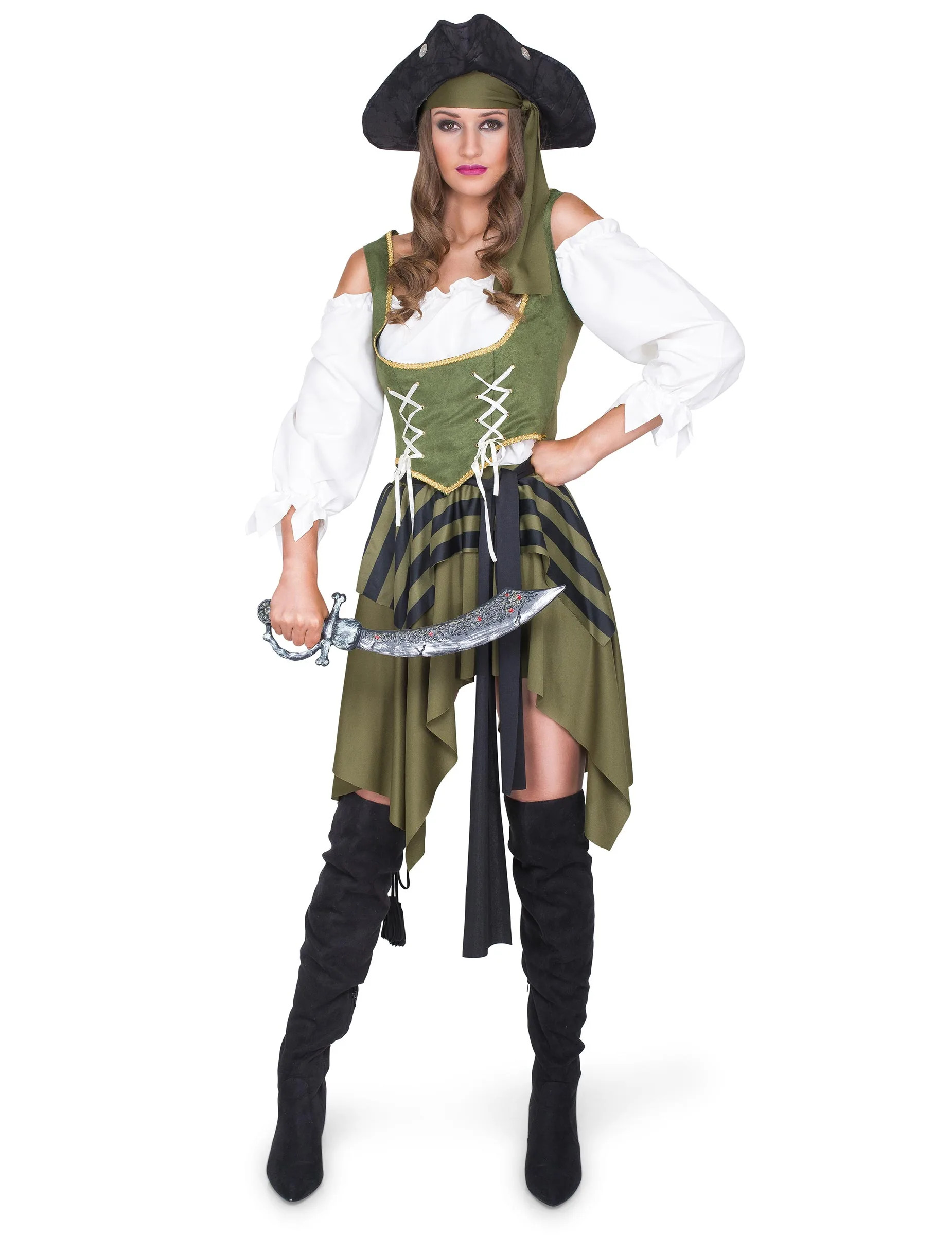 Groen En Wit Piraten Kostuum Voor Vrouwen 3 Groen En Wit Piraten Kostuum Voor Vrouwen
