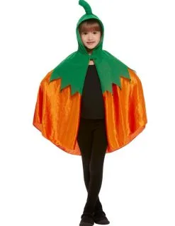 Oranje Fluweelachtige Pompoen Cape Met Capuchon Voor Kinderen