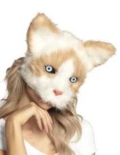 Pluche Beige En Wit Kat Masker Voor Volwassenen