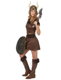 Bruin Viking Kostuum Met Helm Voor Vrouwen