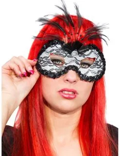 Venetiaans Kant Masker Met Zwarte En Witte Veren