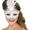 Venetiaans Zilverkleurig Masker Met Witte Veren Voor Volwassenen -Cosplay Kostuums Winkel venetiaans zilverkleurig masker met witte veren voor volwassenen